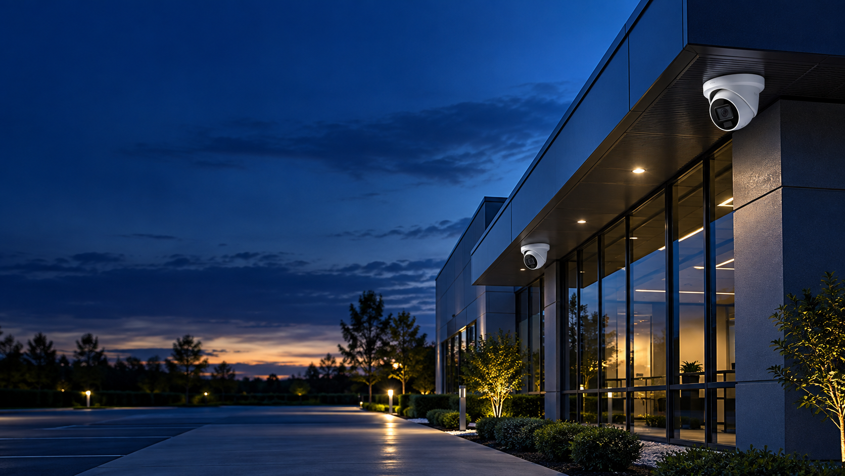 Professionally installed security cameras on a commercial building
